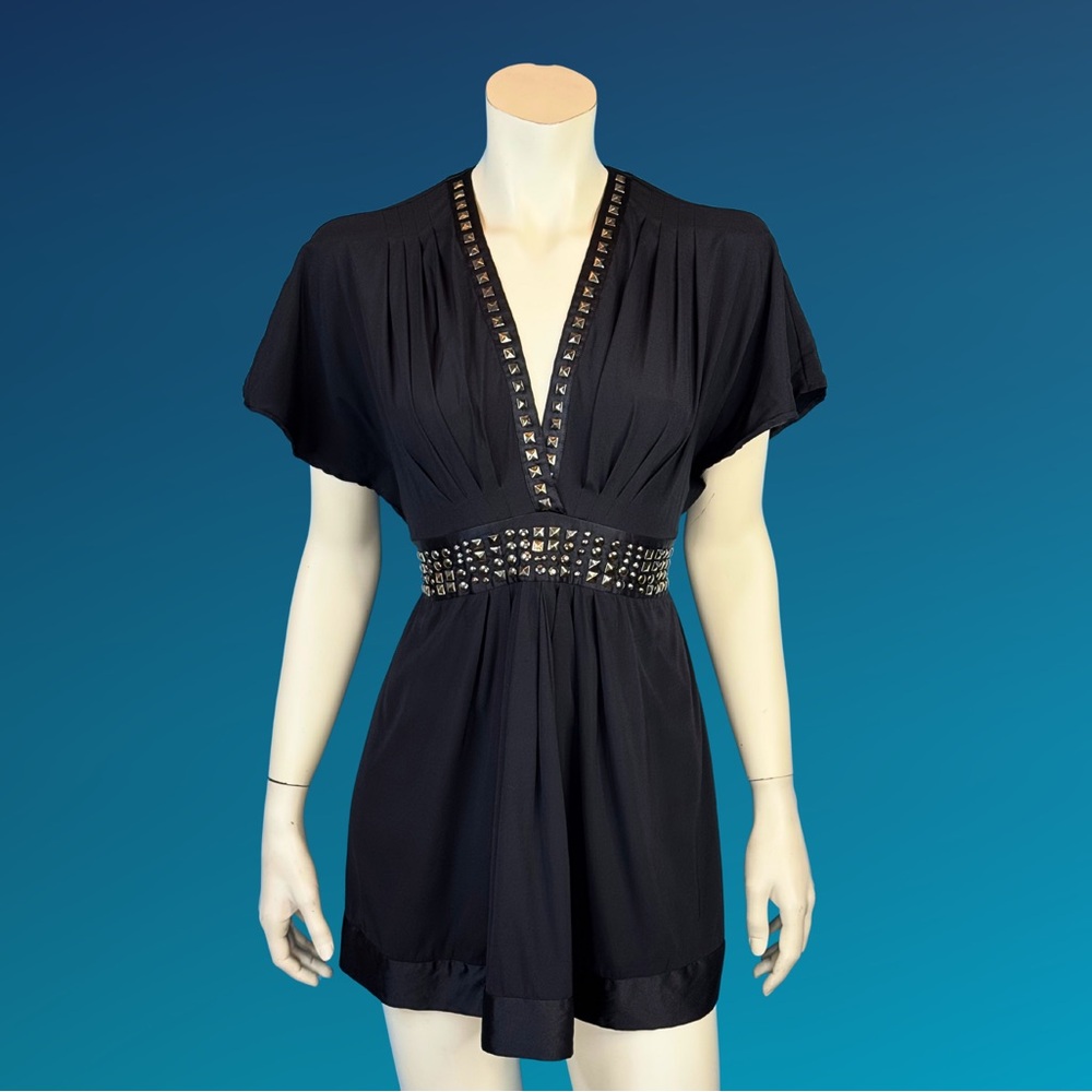 Hale Bob SILK Black Studded Deep V Neck Blouse M